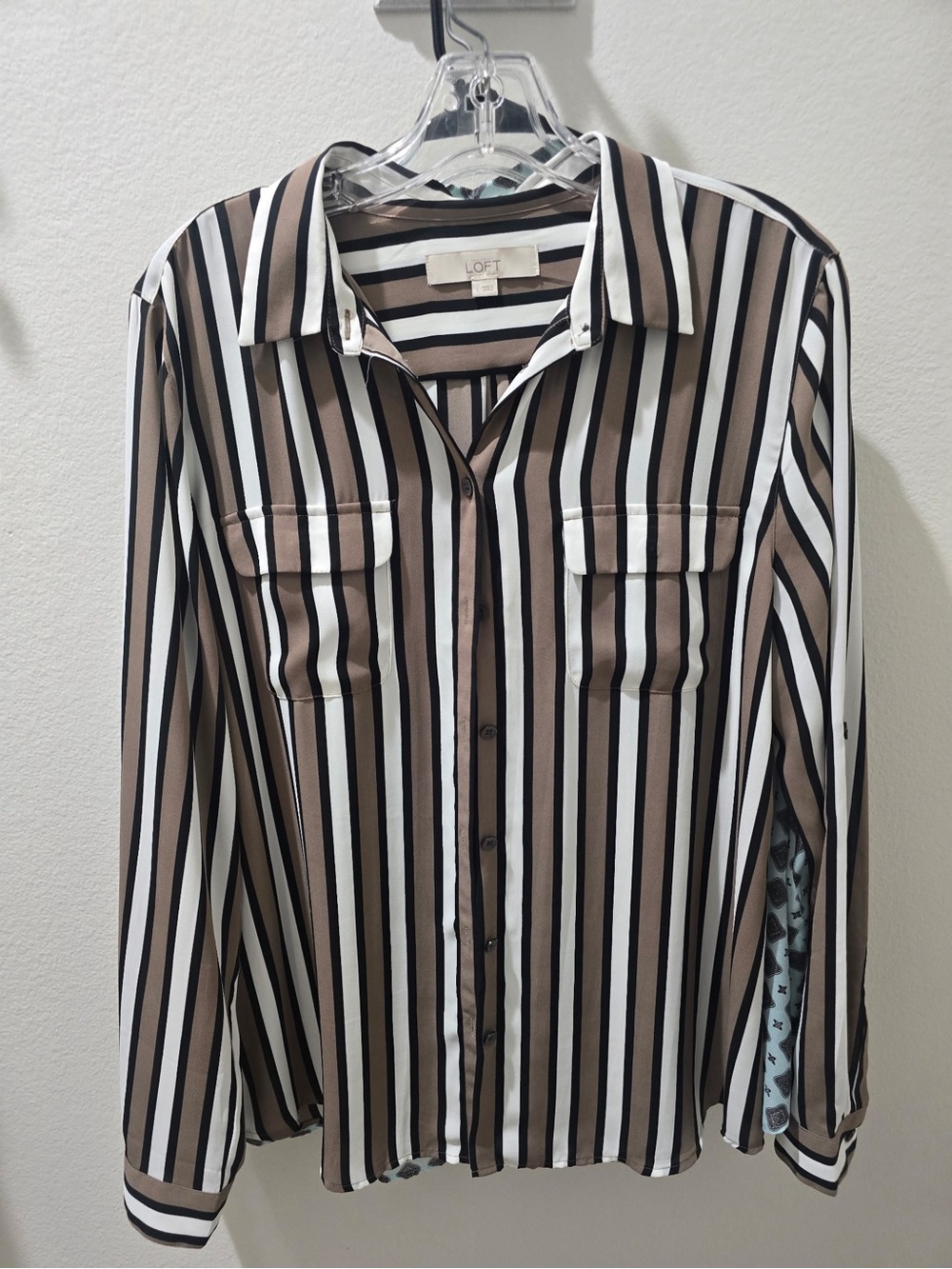 LOFT Brown, Black & White Vertical Stripe Button-Down Shirt